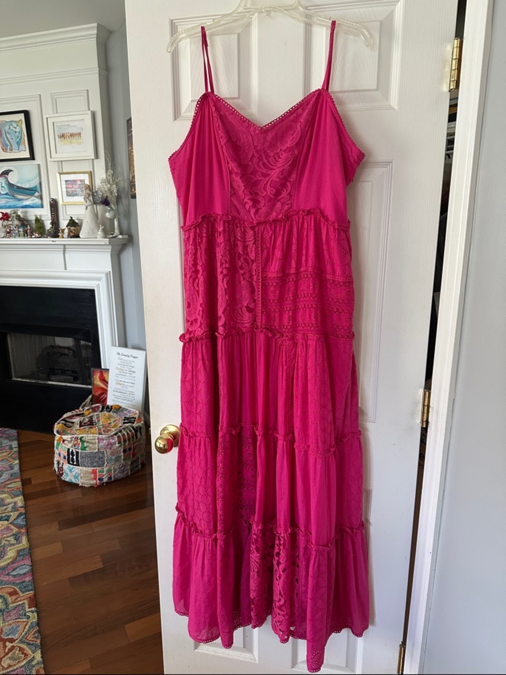Anthropologie Fuchsia Lace Tiered Maxi Dress with Spaghetti Straps XL